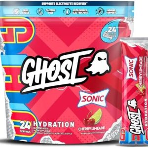 GHOST Hydration Packets, Sonic Cherry Limeade, 24 Sticks, Electrolyte Powder - Drink Mix Supplement with Magnesium, Potassium, Calcium, Vitamin C - Vegan Friendly, Free of Soy, Sugar & Gluten