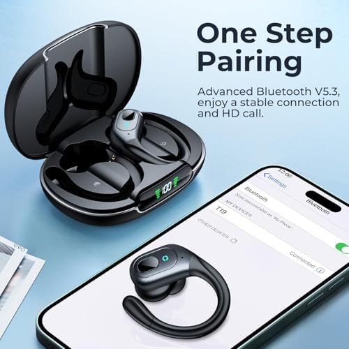 occiam Active Noise Cancelling Ear Buds Bluetooth Headphones Wireless Earbuds 90Hrs Playback Stereo Bass Earphones with Over-Ear Hooks IPX7 Waterproof Earbud for Sports Running Gym Workout Black - Image 6