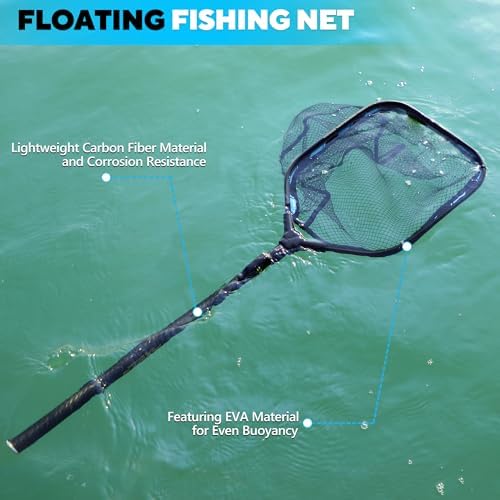 PLUSINNO Floating Fishing Net with Telescoping Handle, Carbon Fiber Ultralight Long Fish Net, Collapsible Landing Net 6.56/7.86Ft, Fishing Gear Kayak Accessories for Bass Trout Salmon - Image 3