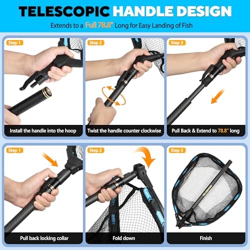 PLUSINNO Floating Fishing Net with Telescoping Handle, Carbon Fiber Ultralight Long Fish Net, Collapsible Landing Net 6.56/7.86Ft, Fishing Gear Kayak Accessories for Bass Trout Salmon - Image 6